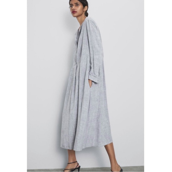 Zara Women's Limited Edition Collection Light Grey Linen Shirt Dress Size M - Picture 2 of 3